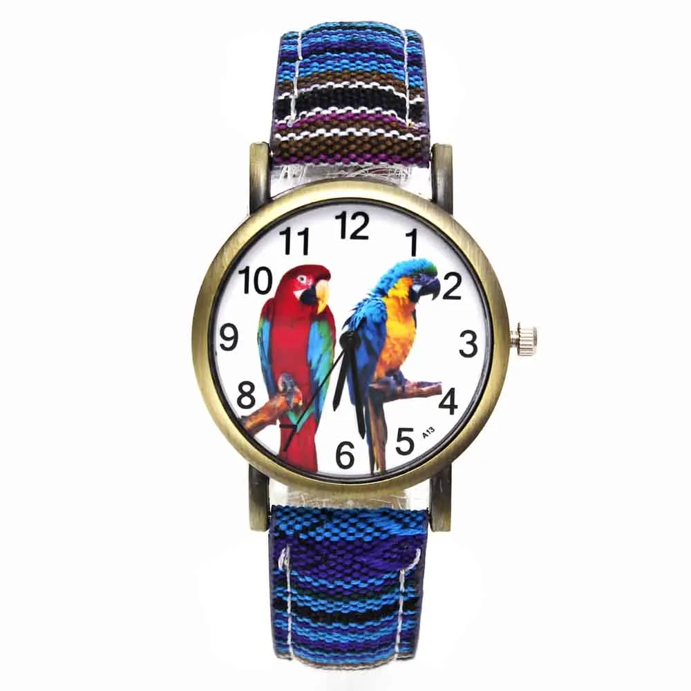 Montre-bracelet en denim à rayures pour hommes et femmes, 2 perroquets, animal de compagnie, oiseau, perruche, perruche, calopsitte, ara, mode