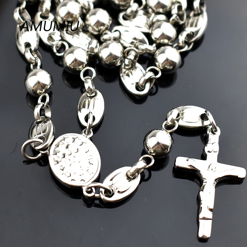 AMUMIU 316L Stainless Steel Mens Beads Fashion Rosary Necklace+Cross Pendant Jesus HN090