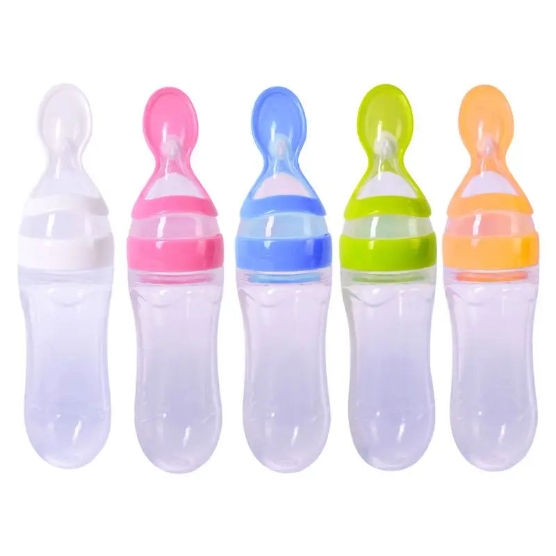 Hot Newborn Baby Squeezing Feeding Bottle Silicone Training Rice Spoon Infant Cereal Food Supplement Feeder Safe