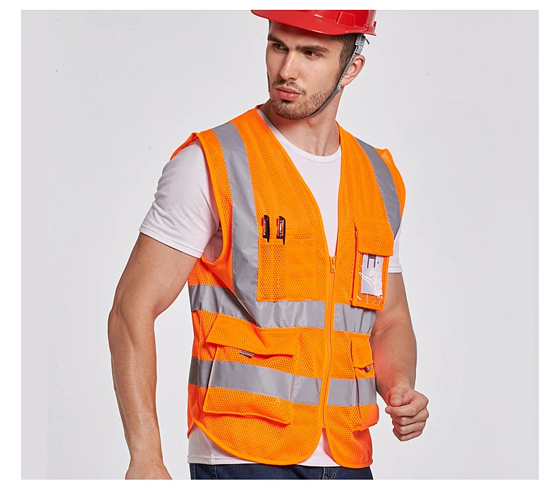 

High visibility ANSI 107 fluorescent orange mesh safety reflective vest with pockets company logo printing