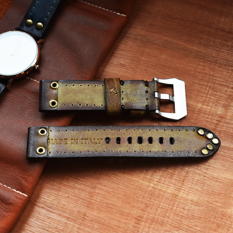 Onthelevel Classical Soft Leather Watch Strap With Rivets 18mm 20mm 22mm Vintage Watchband With Carved Buckle #C