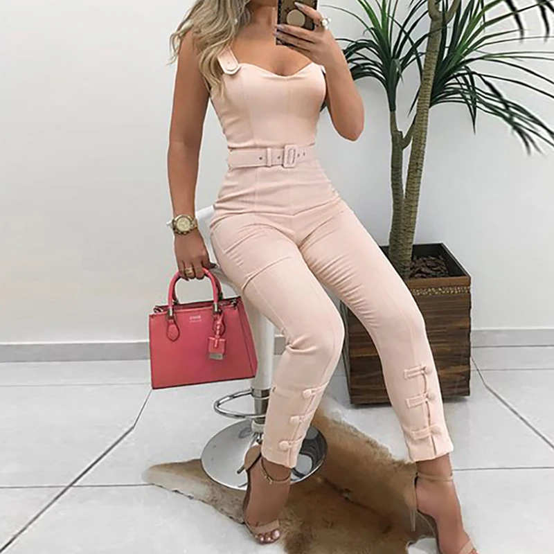 

Button Leg Design Belted Jumpsuit for Women Elegant Leisure Overalls Skinny Slim Fit V-Neck Spaghetti Strap Long Jumpsuit Pants