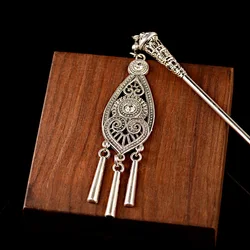 Bohemia Ethnic Vintage Gypsy Tibet Silver Color Tassel Carved Flower Chopstick Hair Sticks For Women Hairpins Jewelry Horquillas