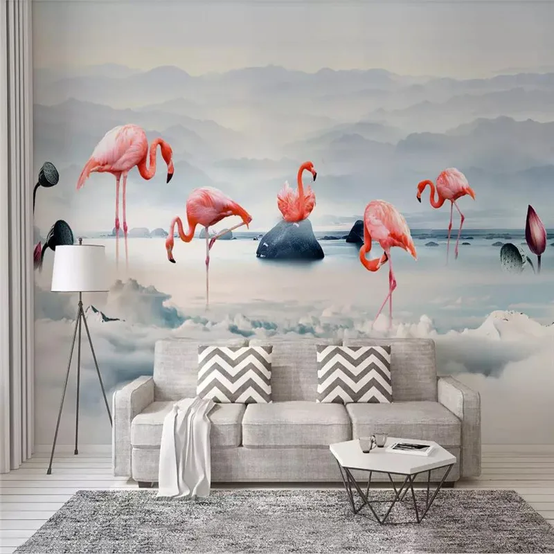 

3d photo wallpaper Nordic cloud hail flamingo far mountain background decorative painting professional production mural