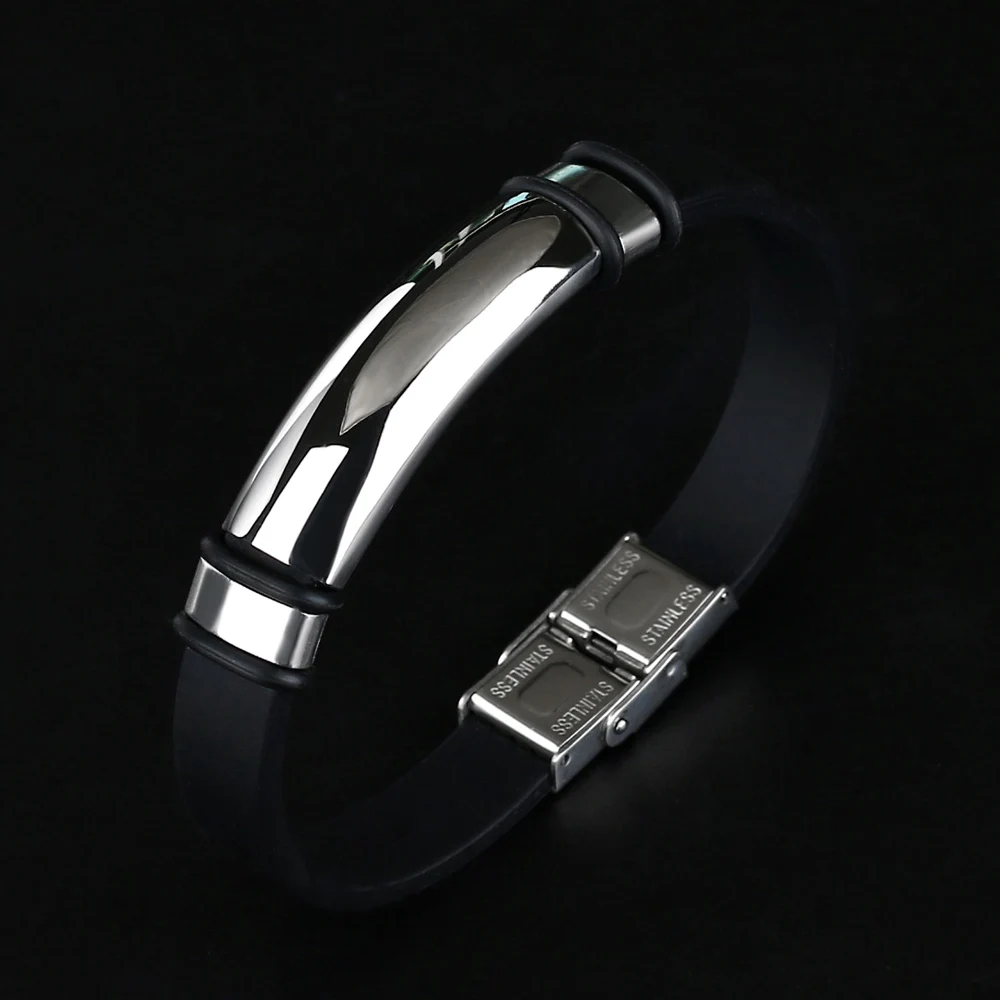 2024 Trend Jewelry Vintage Black Rubber Wristband Silicone Stainless Steel Men Bracelets Bangles For Women Pulseras Hombre