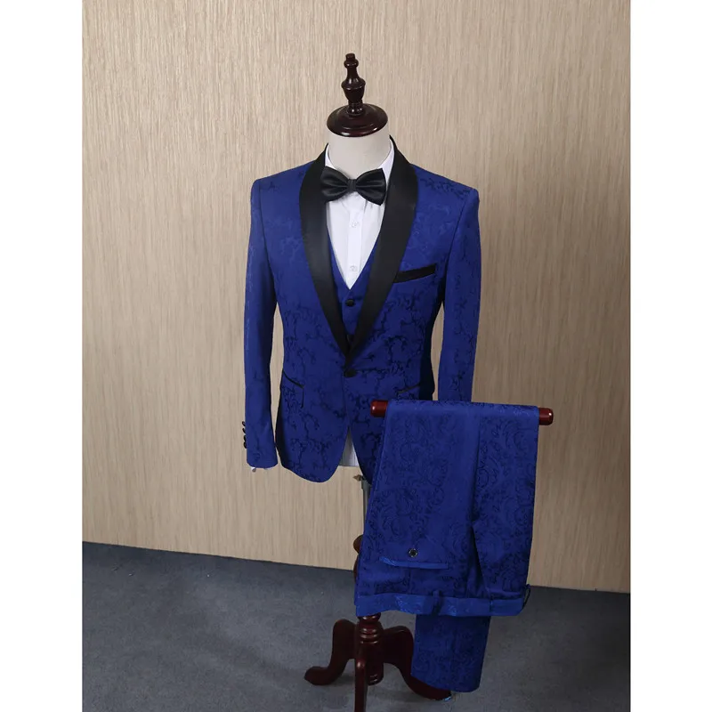 FOLOBE Blue Jacquard Men Suits For Wedding Groom Tuxedos Mens Suits Groomsmen Suit Formal Business Suits 3PCS Jacket+Vest+Pants