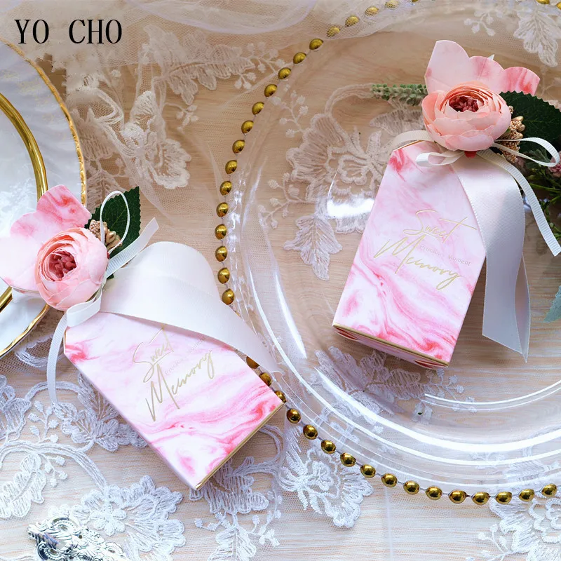 

YO CHO 5pcs Small Candy Boxes Artificial Peony Flowers Ribbon Wedding Favors Gift Boxs Package Birthday Party Upscale Favor Bags