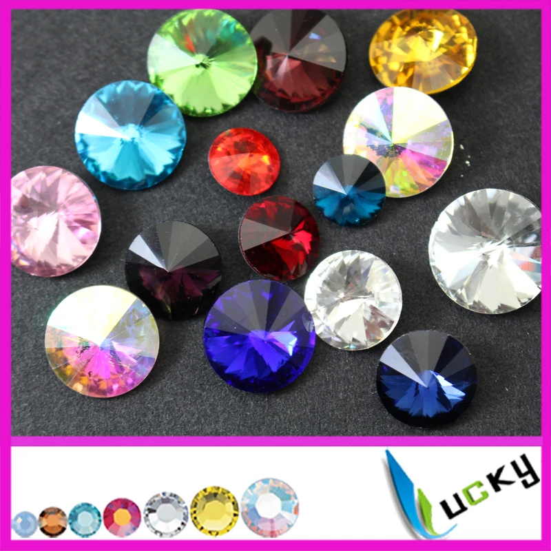 Super shiny Crystal Rivolis 100pcs 12mm Round shape Lucky Fancy stones point back rhinestones jewelry strass beads all colors