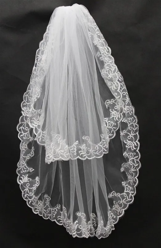 Best Selling Short Cheapest White Ivory Bridal Veil Lace Appliques 2 Layer Veu De Noiva Longo Wedding Veil