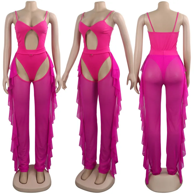 Sexy 2 Piece Sets Women Sheer Mesh Bodysuit Top and Ruffles Pants Set Summer Swimwear Vacation Party Club Wear Two Piece Outfits