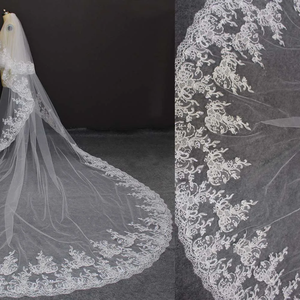 Luxury Sparkle Sequins Lace Bridal Veil 4 Meters Long Wedding Veil 2 Tiers Veil for Wedding Dress with Comb Voile Customized