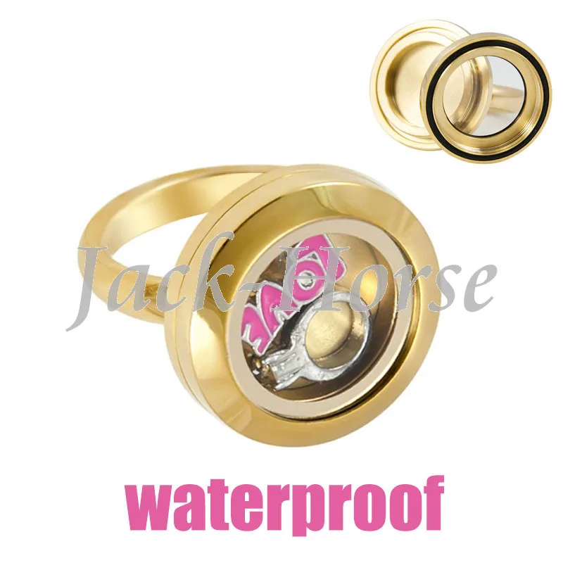 

Gold design waterproof floating glass locket rings stainless steel locket ring with screw