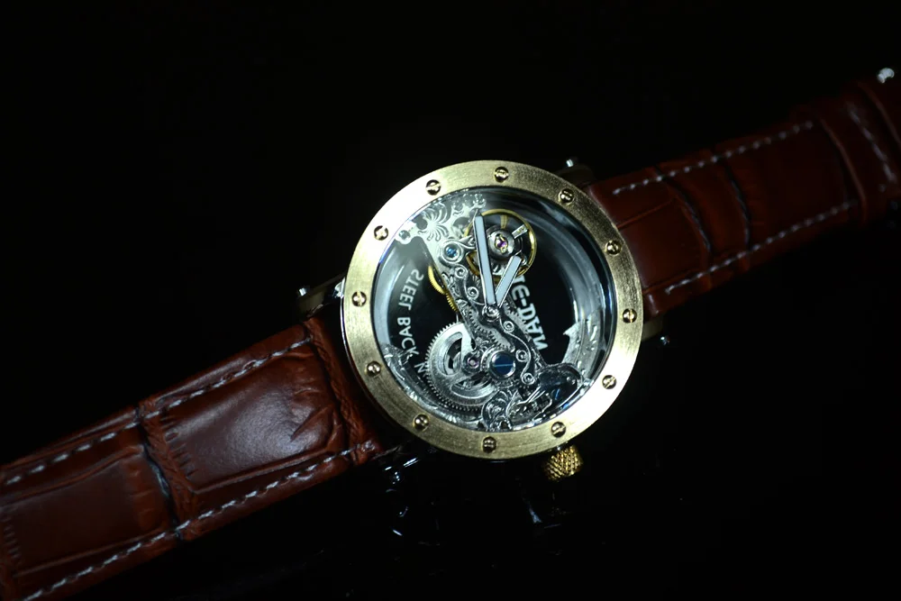 Luxury Brand TIEDAN Trasparente Uomo Oro Orologio Meccanico Tourbillon Skeleton Automatic Orologi Mens Orologio Da Polso In Pelle Orologio