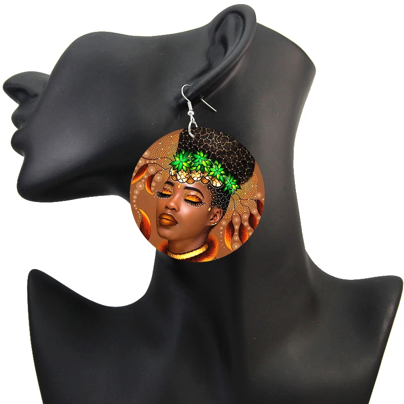 SOMESOOR 6CM Flat Round Custom African Wooden Drop Earrings Dangle Afro Personalized Photo Print Pendant Jewelry For Women Gift