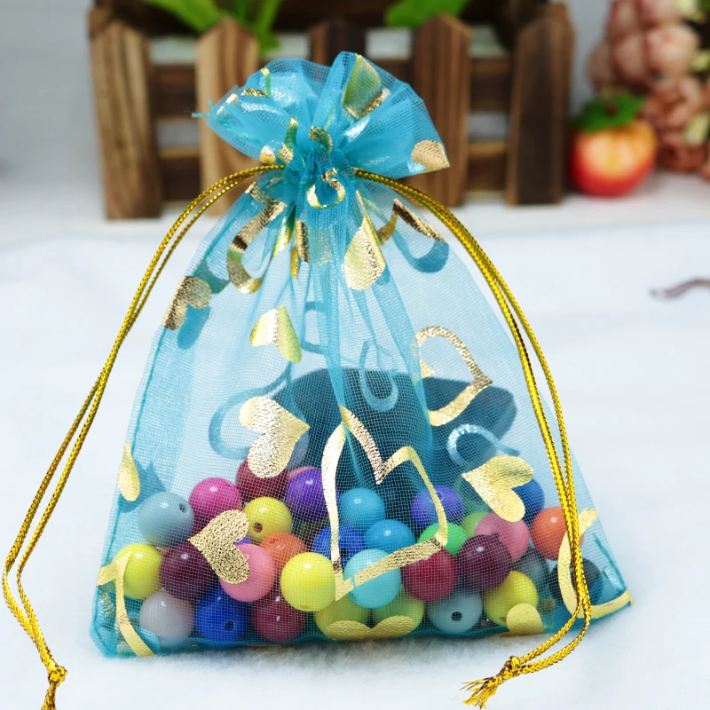 

Wholesale 100pcs/lot Drawable Lake Blue Organza Bag 15x20cm Heart Design Wedding Gift Bag Jewelry Packaging Bags & Pouches