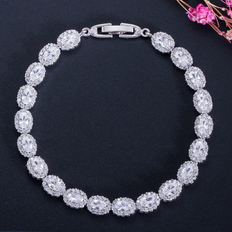 Pera Fashion Women Silver Color Summer Jewelry Design Dark Blue Cubic Zirconia Oval Chain Link Bracelets for Mothers Day B070