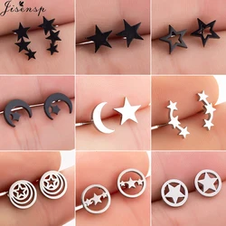 Jisensp New Small Star Earrings 2026 Black Stainless Steel Stud Earrings for Women Everyday Jewelry Cute Moon Earings oorbellen