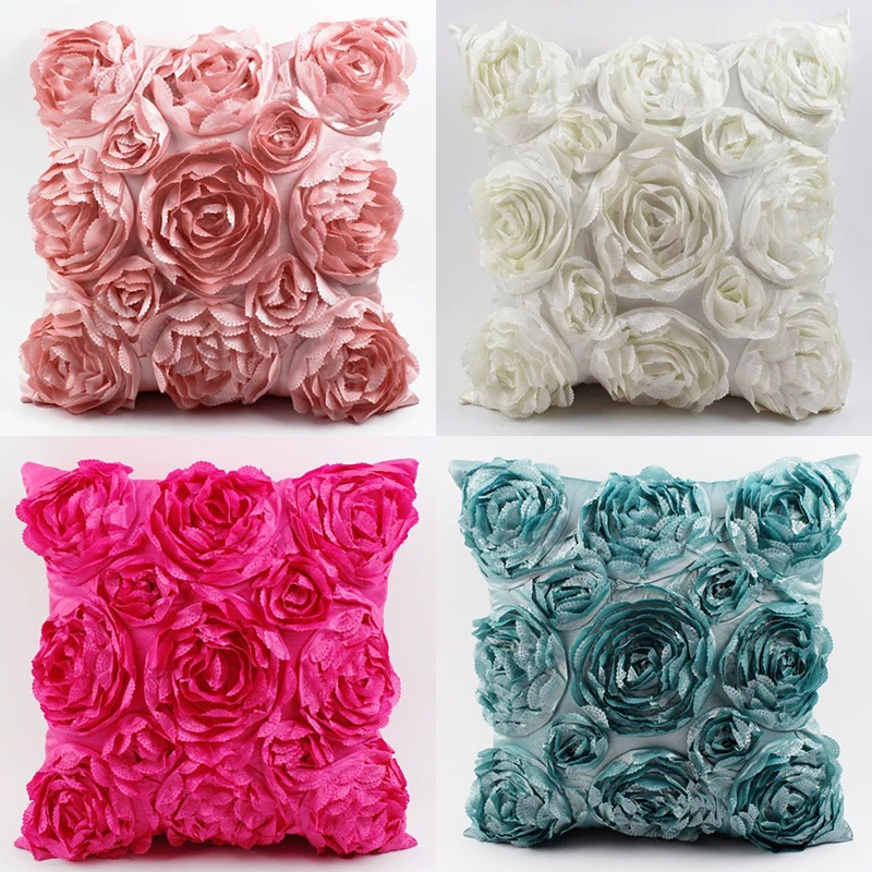 3D roses embroidered Cushion cover rose Pattern Pillowcase Wedding Party Home Sofa car decoration European style Pillow cover