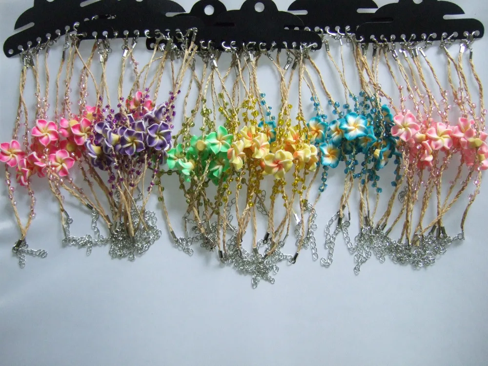 12pcs mixed color Natural Woven Raffia Plumeria Flower Clay Lucky Bracelets Fine Jewelry