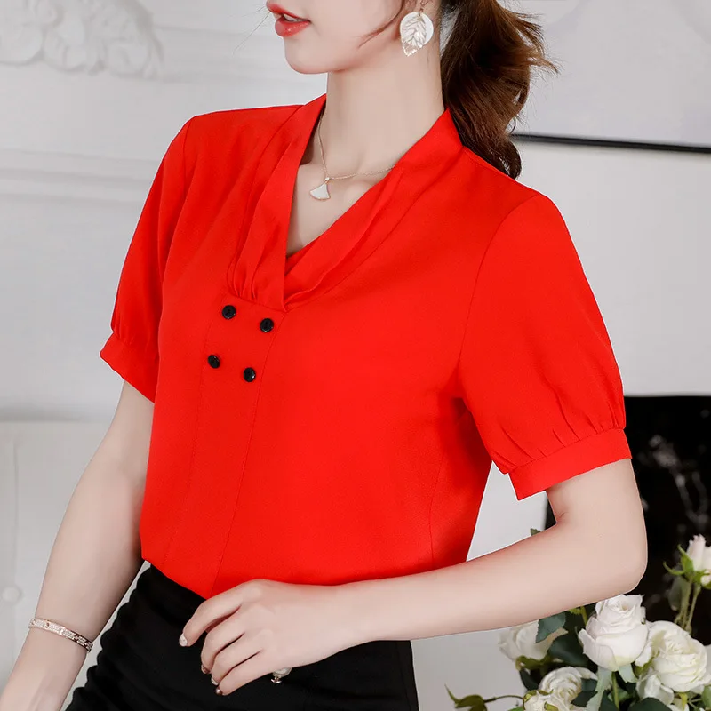 Baru Korea Chiffon Kemeja Fashion Wanita Warna Murni Lengan Pendek Kerah V Blus Wanita Musim Semi Musim Panas Tipis Kemeja Atas h9105