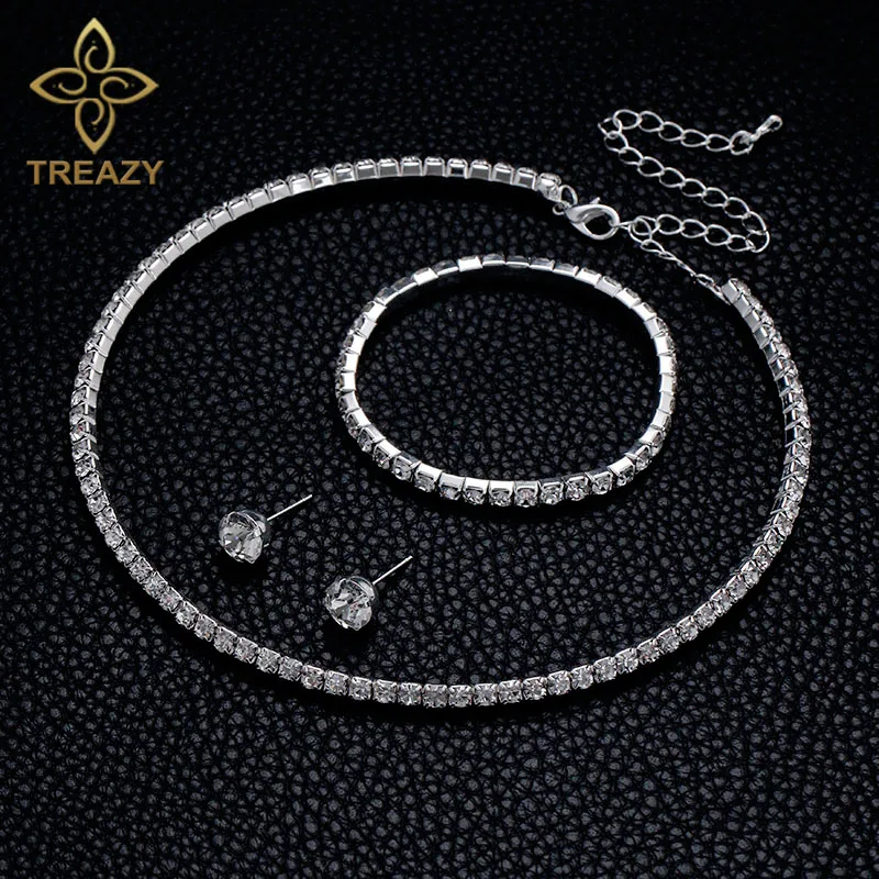 TREAZY Circle Crystal Bridesmaid Bridal Jewelry Sets Silver Color Rhinestone Wedding Necklace Earrings Bracelet Sets for Women