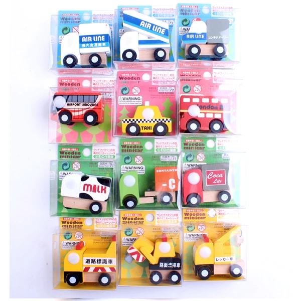 X004 12 pcs new wooden car model toys educational toys for children of taxi car milk food crane bus stands on two floors