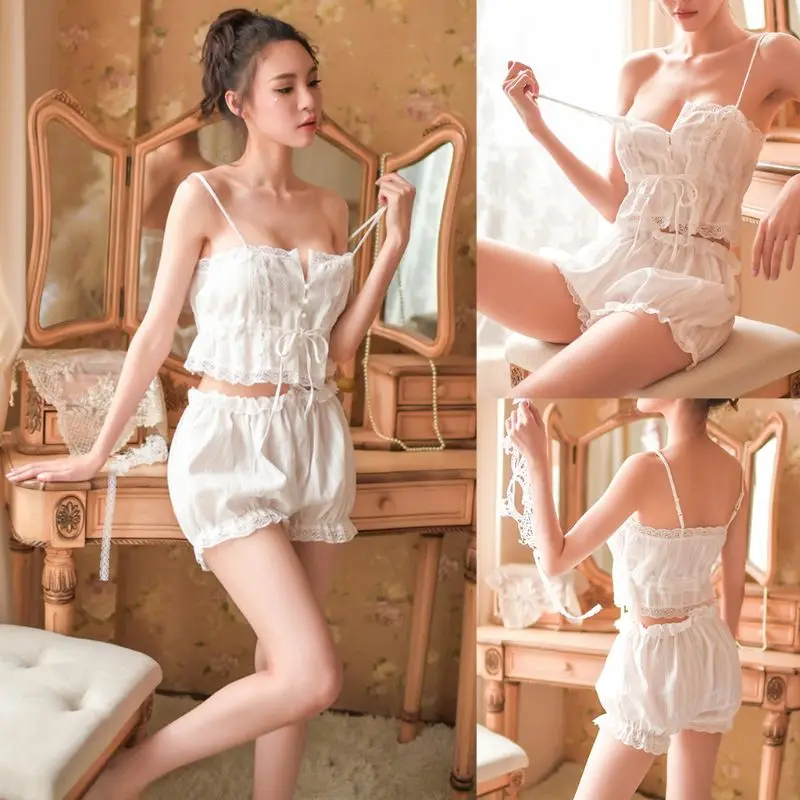 Womens Pajamas Set Victoria French Palace Sexy Lingerie Button Up Drawstring Crop Top Camisole Ruffled Lace Bloomers Sleepwear