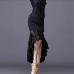 New Sexy Latin Dance Skirts Women Black Lace Skirt Irregular Fish Tail Skirt Long Ballroom Dance Dress