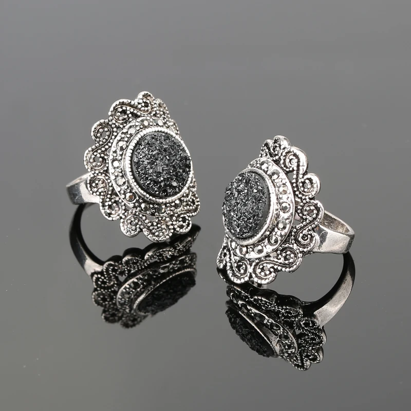 Hot Fashion Flower Silver Plated Rings For Women Vintage Black Ore Resin Crystal Gothic Ring Bohemian Jewelry Gift Free Shipping