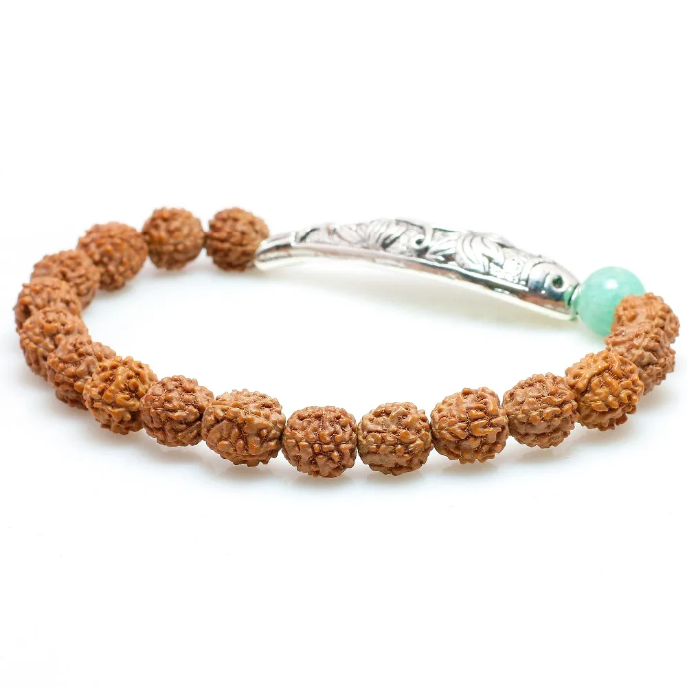 Rudraksha Seed Beads With Amazonite Stone Fish Charm Bracelet For Women White Chalcedony Yoga OM Jewelry