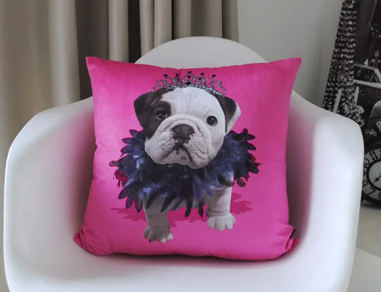 Novelty Feather Bulldog Cushion Cover Pink Velvet Crown Bull Dog Pillow Case Animal Decorative Pillow Covers for Sofa Two Sides