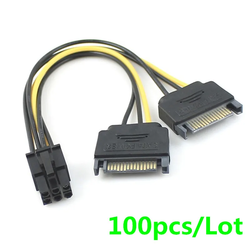 

100pcs/lot Dual two SATA 15 Pin Male M to PCI-e Express Card 6 Pin Female Graphics Video Card Power Cable 15cm