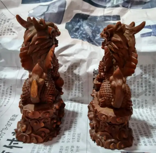 الصينية خشب البقس نحت فنغشوي الأسد فو فو الكلب الحرس الوحش تمثال زوج #4