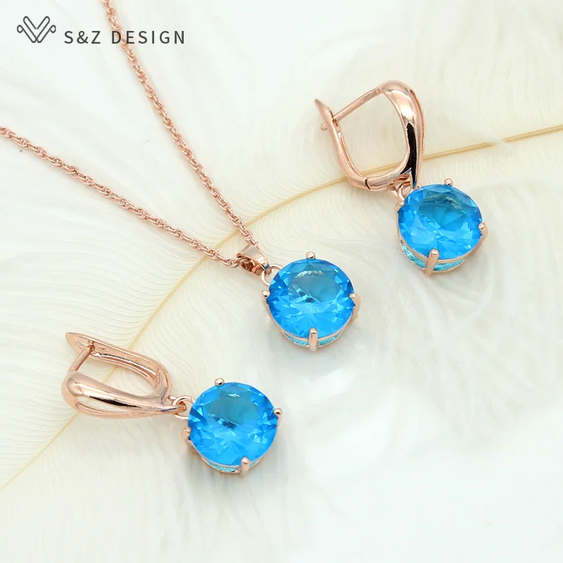 S&Z DESIGN New Classic Big Round Cubic Zirconia Dangle Earrings Jewelry Sets For Women 585 Rose Gold Color Wedding Party Gift