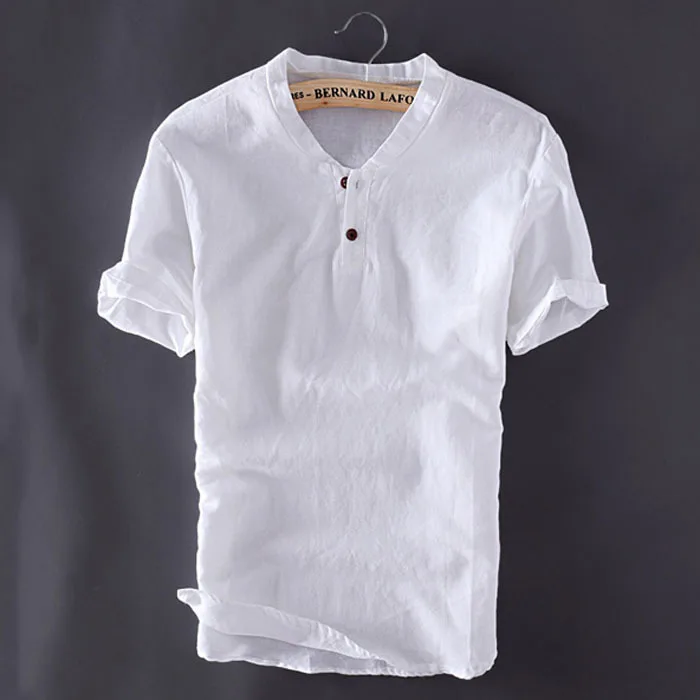 Mens Pullover Linen Shirts Short Sleeve Summer Breathable Mens Quality Casual Shirts Slim fit Solid Cotton Shirts Men TS-150