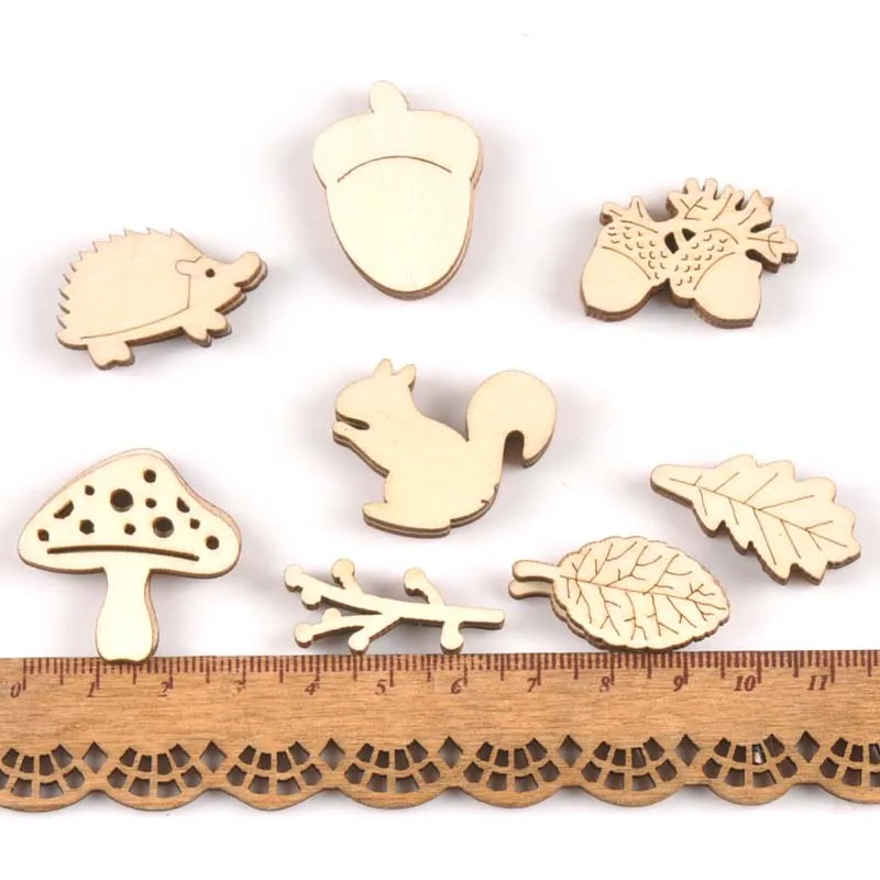 Mix Mushroom/hedgehog/squirrel/Pine Cones/leaves Pattern Wooden Ornament Wood For Scrapbooking DIY Carfts Home Decor 20pcs m2154