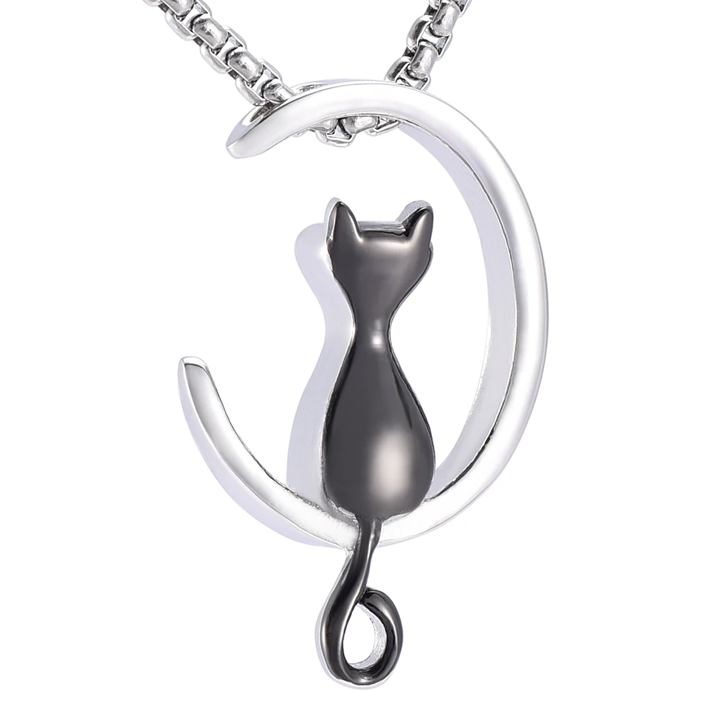 JJ001 CAT ON MOON Cremation Pendant&Necklace for Hold Ashes - Stainelss Steel Pet Ash Memorial Jewelry Funeral Casket