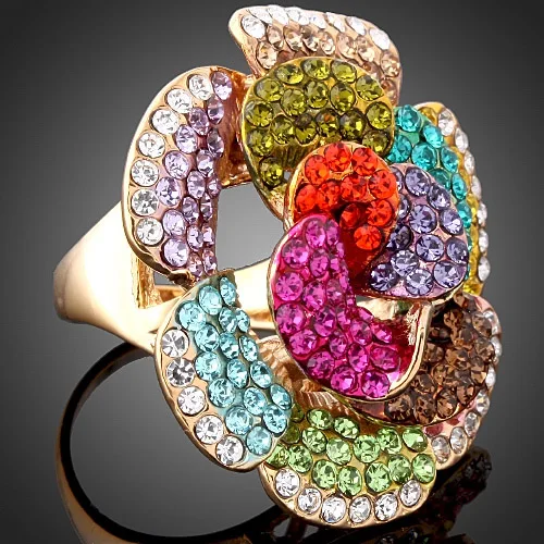 CHRAN Lovely Design Gold Color Austrian Crystal Flower Finger Rings for Women Fashion Ladies Party Jewelry Gifts