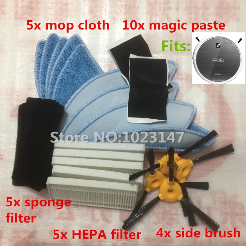 5x Mop Cloth + 4x Side Brush +5x HEPA filter 5x Sponge Filters 10x Magic Paste for CONGA EXCELLENCE Robotic Vacuum Cleaner Parts