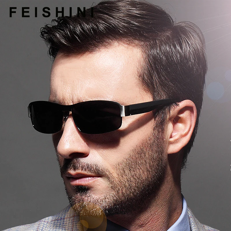 FEISHINI Night Classic Metal Rectangle Quality Sunglasses Men Polarized Fishings Anti-Reflective Eye glasses UV Protection