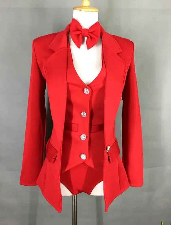 Bar Nightclub Female Jazz Rock Hip-Hop Dance Outfit Singer Host Performance Stage Costume Red Vest Jacket Trousers 3 Pieces Set