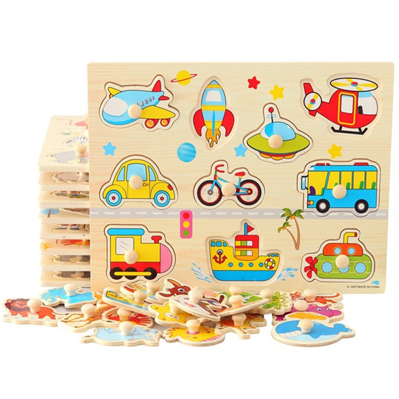 

Baby Toys wooden Puzzle/Hand Grab Board Set Educational Wooden Toy Cartoon Vehicle/ Marine Animal Puzzle Child Gift