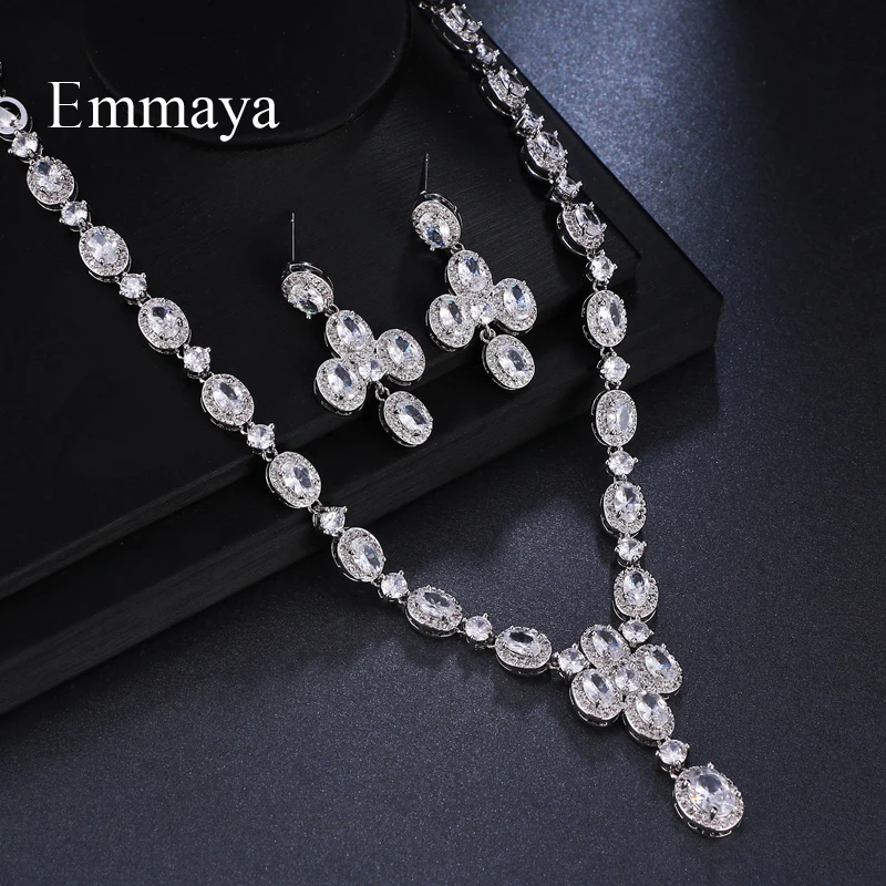 Emmaya Brand Fashion Luxury Oval Cubic Zircon Geometric Crystal Earrings Necklace Set For Women Popular Wedding Jewelry Gift