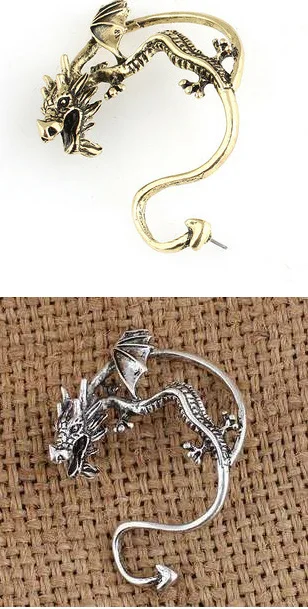 Vintage Silver Plated Bronze Punk Metal Fly Dragon Bite Ear Cuff Clip Earrings for Women Fashion Jewelry Wrap Earrings