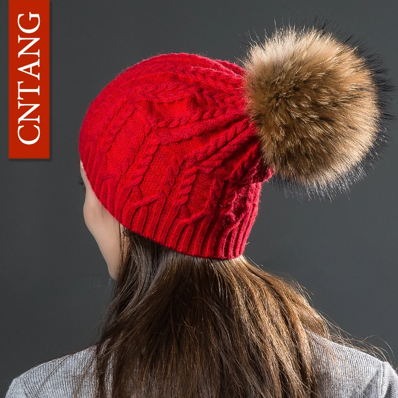 CNTANG Autumn Winter Women\'s Rabbit Fur Knitted Twist Hats Fashion Warm Caps With Natural Fur Pompom Female Hat Skullies Beanies