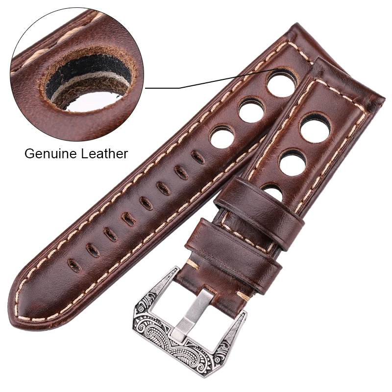 Oil Wax Genuine Leather Watchbands 22mm 24mm Dark Brown Women Men Cowhide Watch Band Strap Belt With Black Pin Buckle