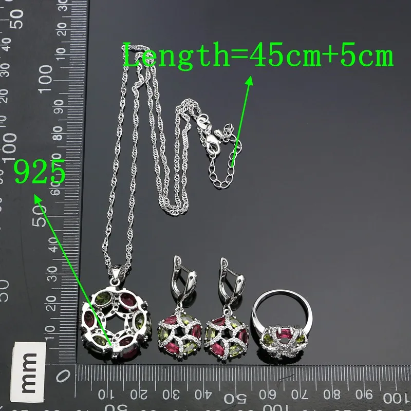 Round 925 Silver Jewelry Multicolor Cubic Zirconia White Crystal Jewelry Sets For Women Earrings Pendant Rings Necklace Set