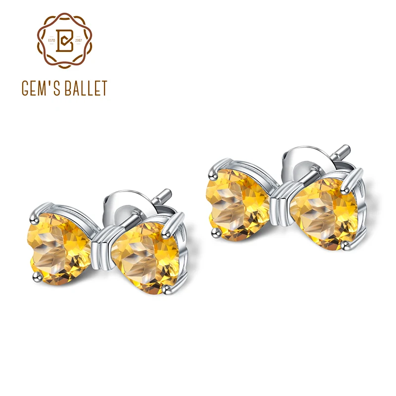 GEM'S BALLET 925 Sterling Silver Bow-knot Stud Earrings 3.13Ct Natural Heart Citrine Gemstone Earrings for Women Fine Jewelry