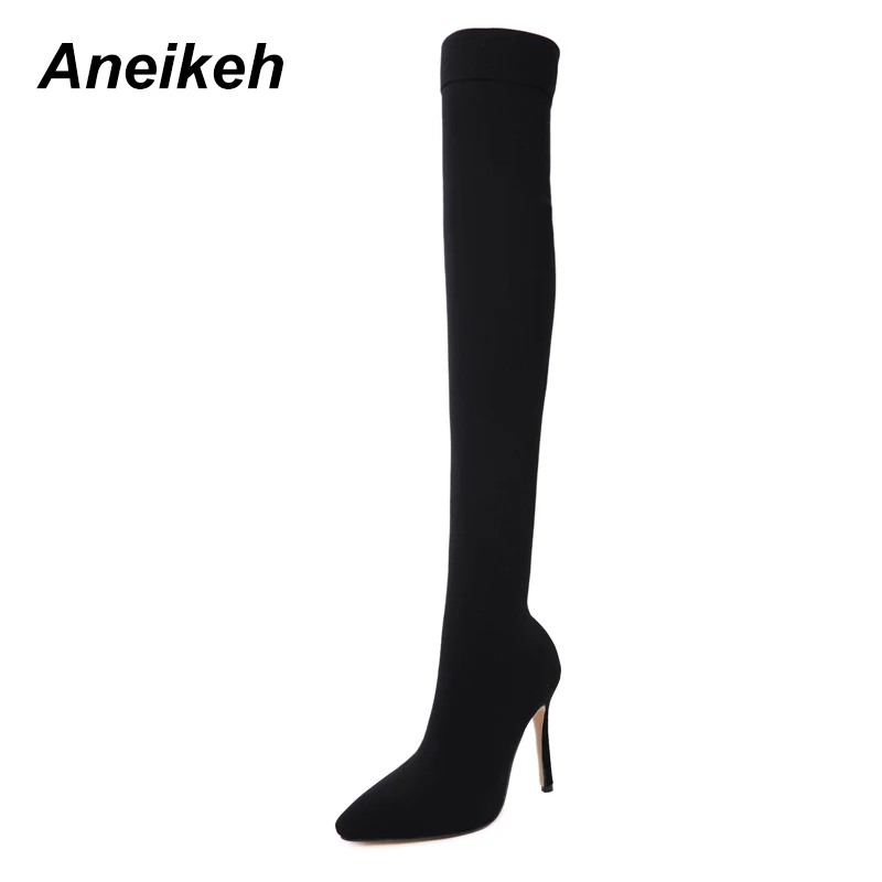 Aneikeh 2024 moda tessuto elasticizzato calzino stivali punta a punta tacco sopra il ginocchio coscia alta donna Boot botas mujer codice scarpa 41 42