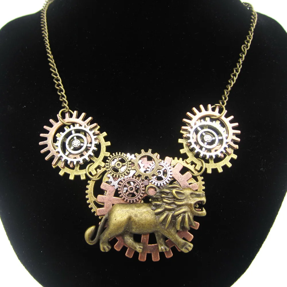 2018 New Original Design Mighty Lion with Mutli Gears DIY Handcraft Vintage Steampunk Short Collar Necklace